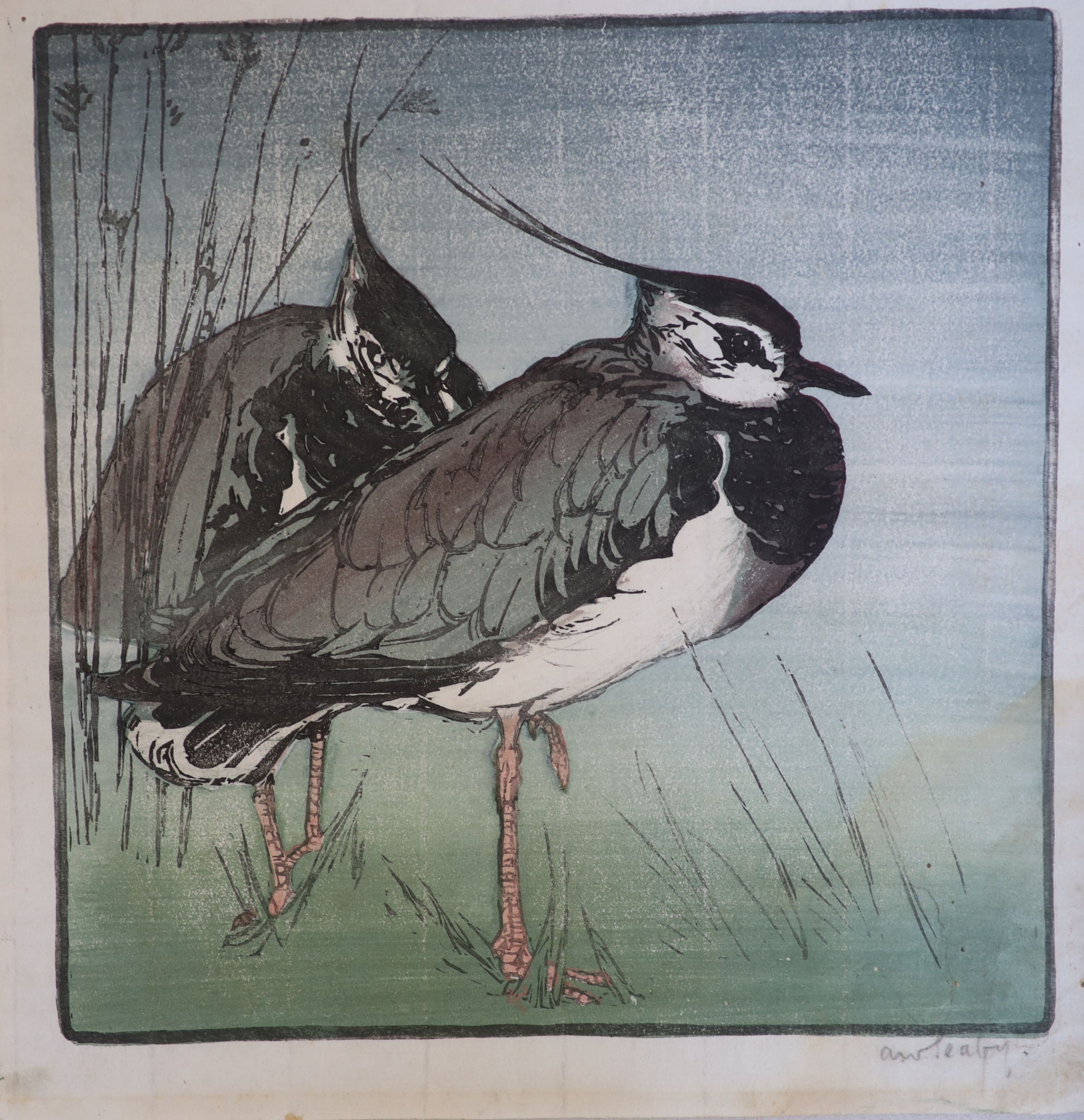 Allen William Seaby (1867-1953), Lapwing & Heron, Woodcut in colours (2), 22 x 22 cm. unframed.